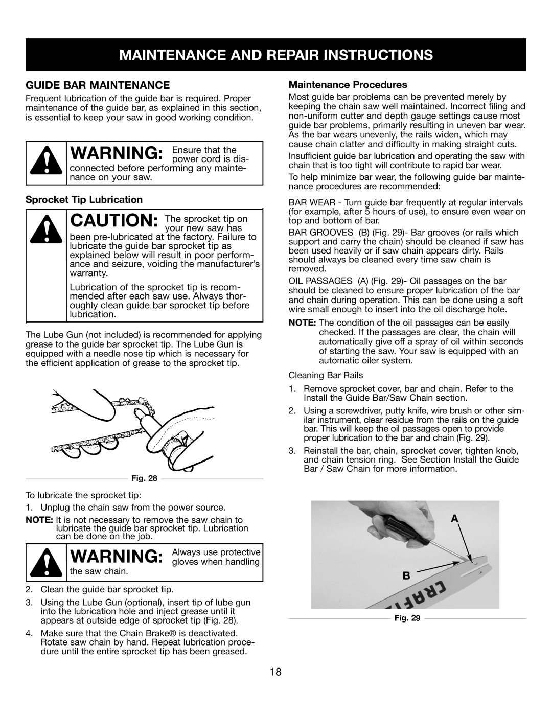 Craftsman 316.34107 Guide Bar Maintenance, Maintenance And Repair Instructions, WARNING Ensure that the power cord is dis 