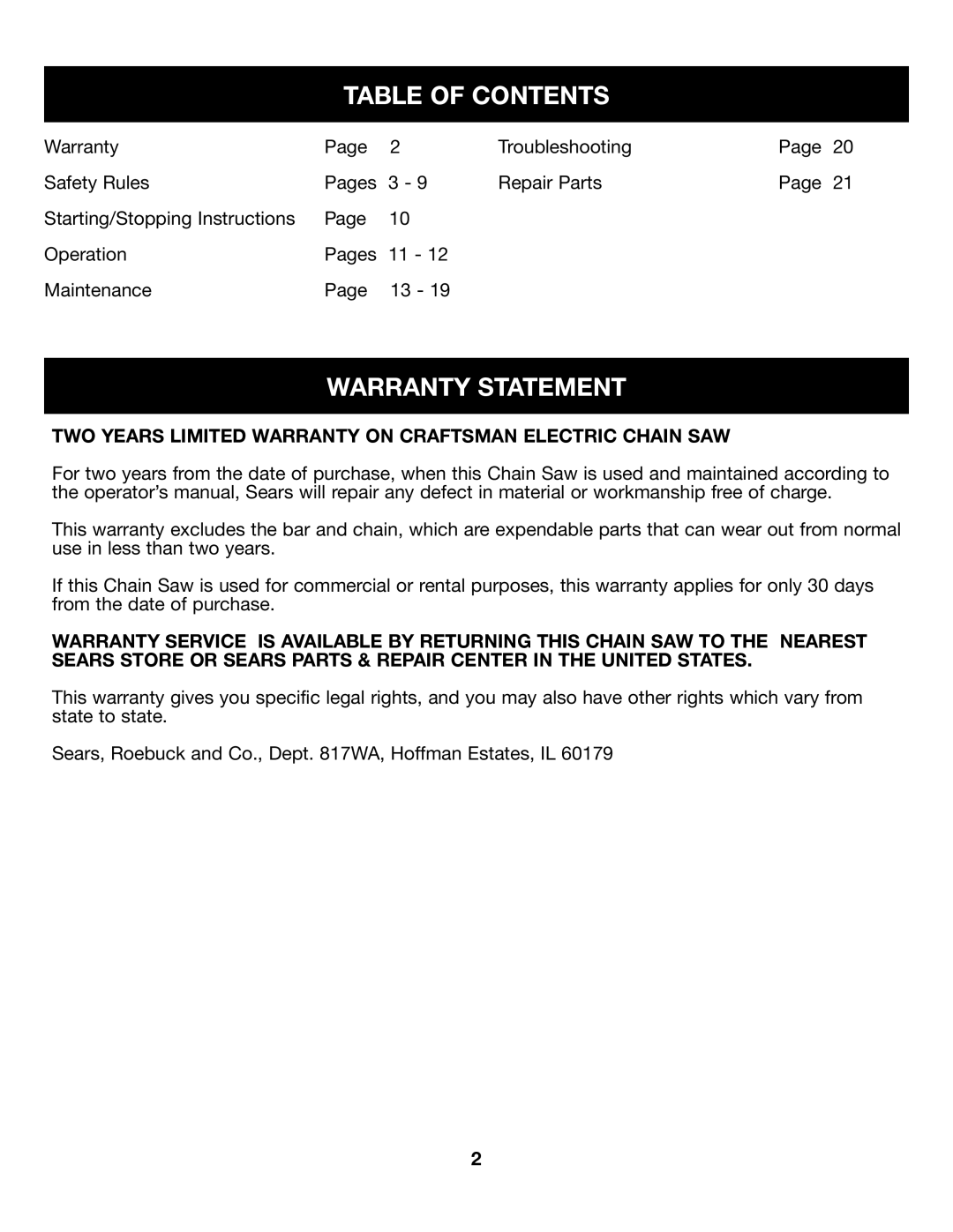 Craftsman 316.34107 Table Of Contents, Warranty Statement, Two Years Limited Warranty On Craftsman Electric Chain Saw 