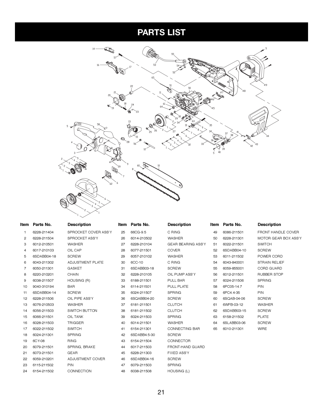 Craftsman 316.34107 manual Parts List, Parts No, Description 