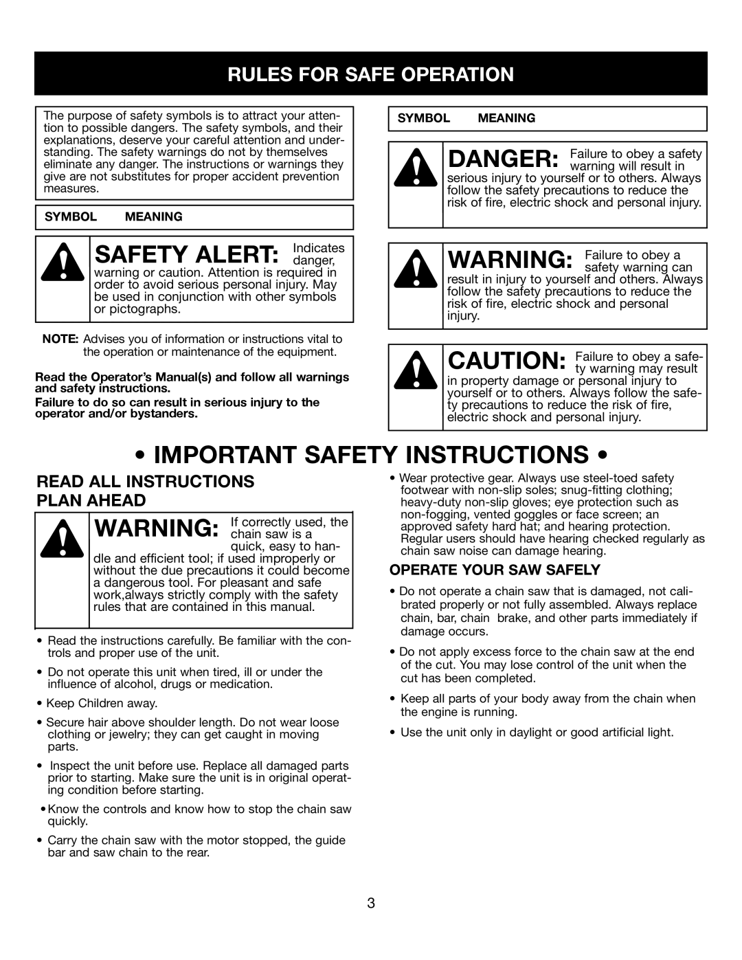 Craftsman 316.34107 manual Important Safety Instructions, Rules For Safe Operation, Read All Instructions Plan Ahead 