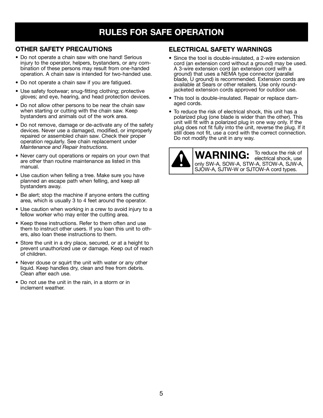 Craftsman 316.34107 manual Other Safety Precautions, Electrical Safety Warnings, Rules For Safe Operation 