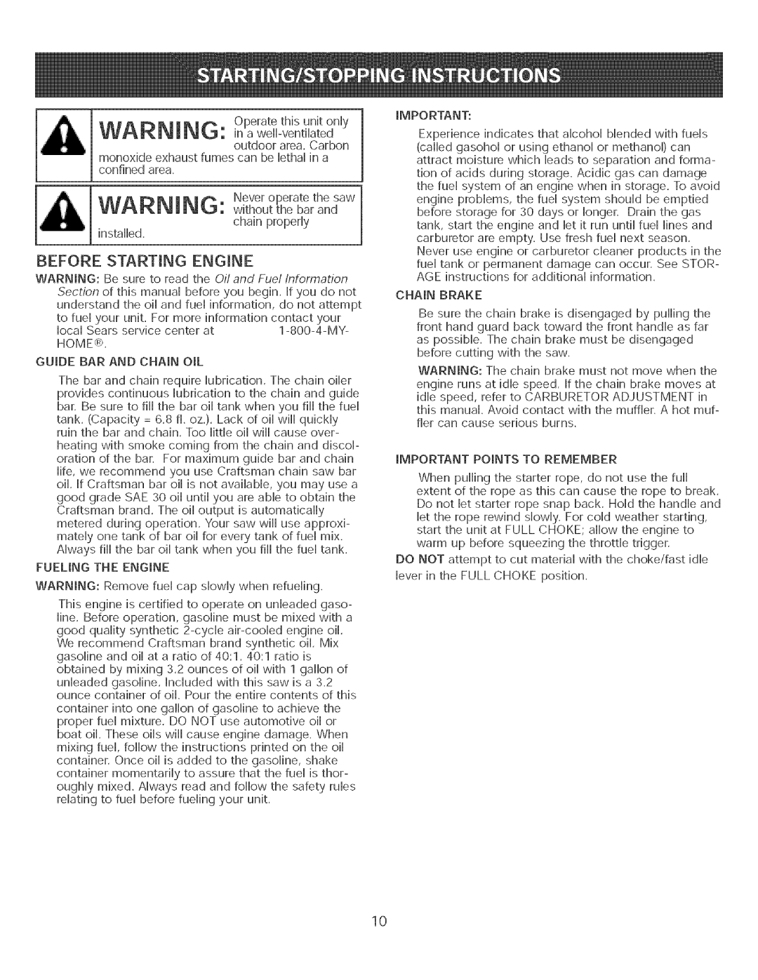 Craftsman 316.35084 manual Operatethisunitonly, Before Starting Engine 