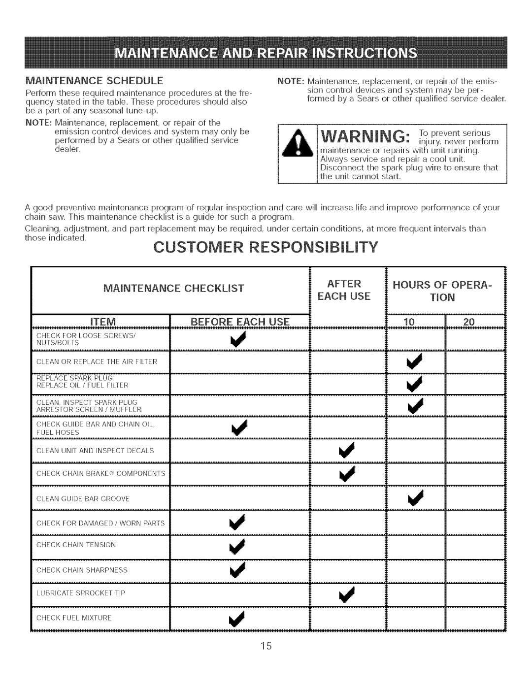 Craftsman 316.35084 manual IVAmNTENANCE Schedule, Maintenance Checklist Hours of Opera Each USE Tion 