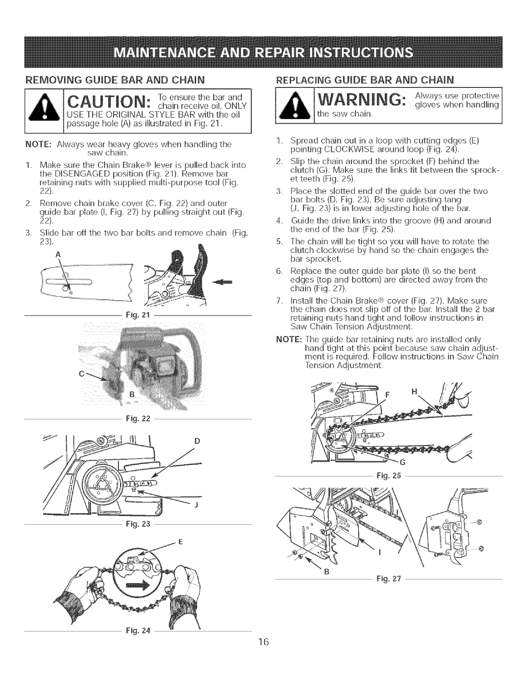 Craftsman 316.35084 manual Removing Guide BAR and Chain, Replacing Guide BAR and Chain 