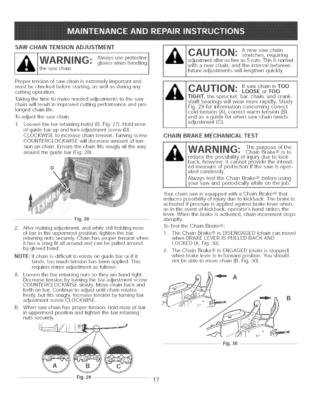 Craftsman 316.35084 manual SAW CHAroN Tension Adjustment 