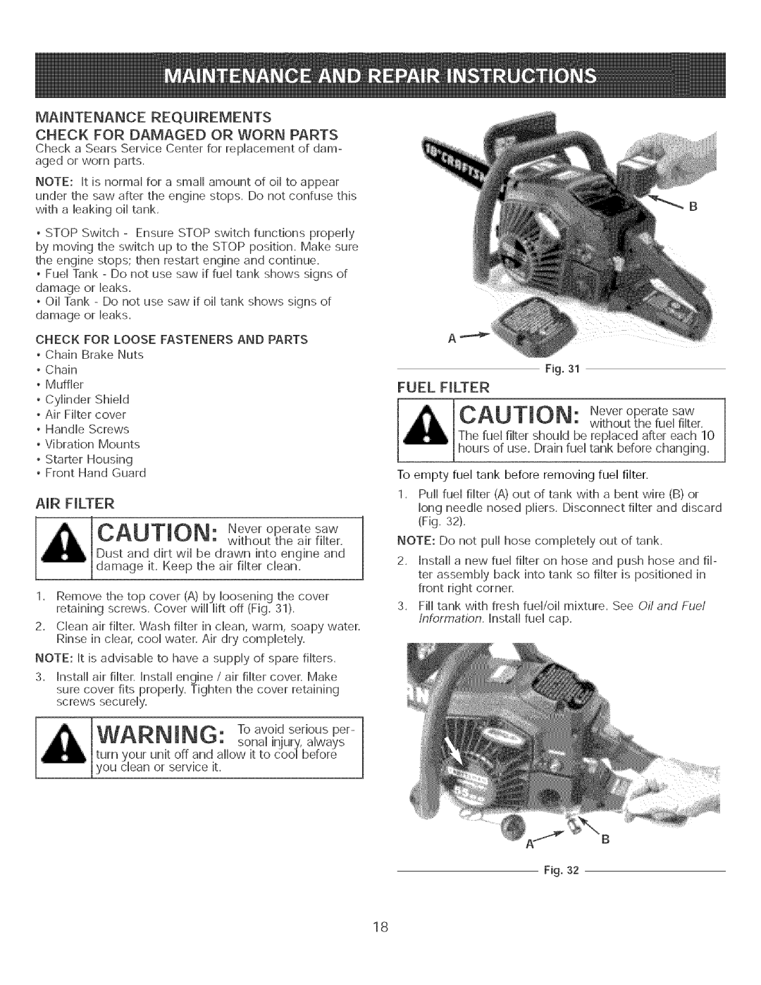 Craftsman 316.35084 manual AiR Filter, Fuel Filter 