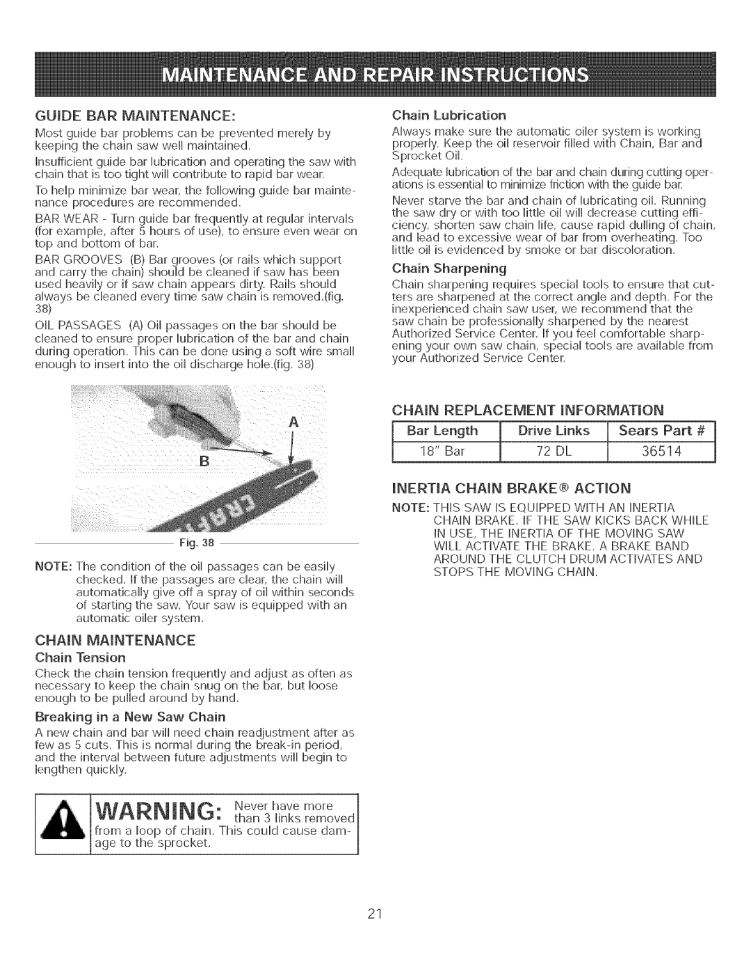 Craftsman 316.35084 manual Guide BAR Maintenance, CHAroN Maintenance 