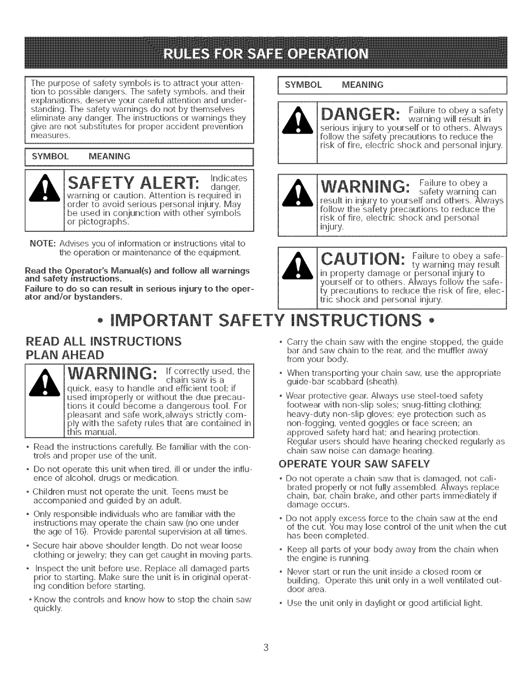 Craftsman 316.35084 manual Safety mNSTRUCTmONS, Operate Your SAW Safely 