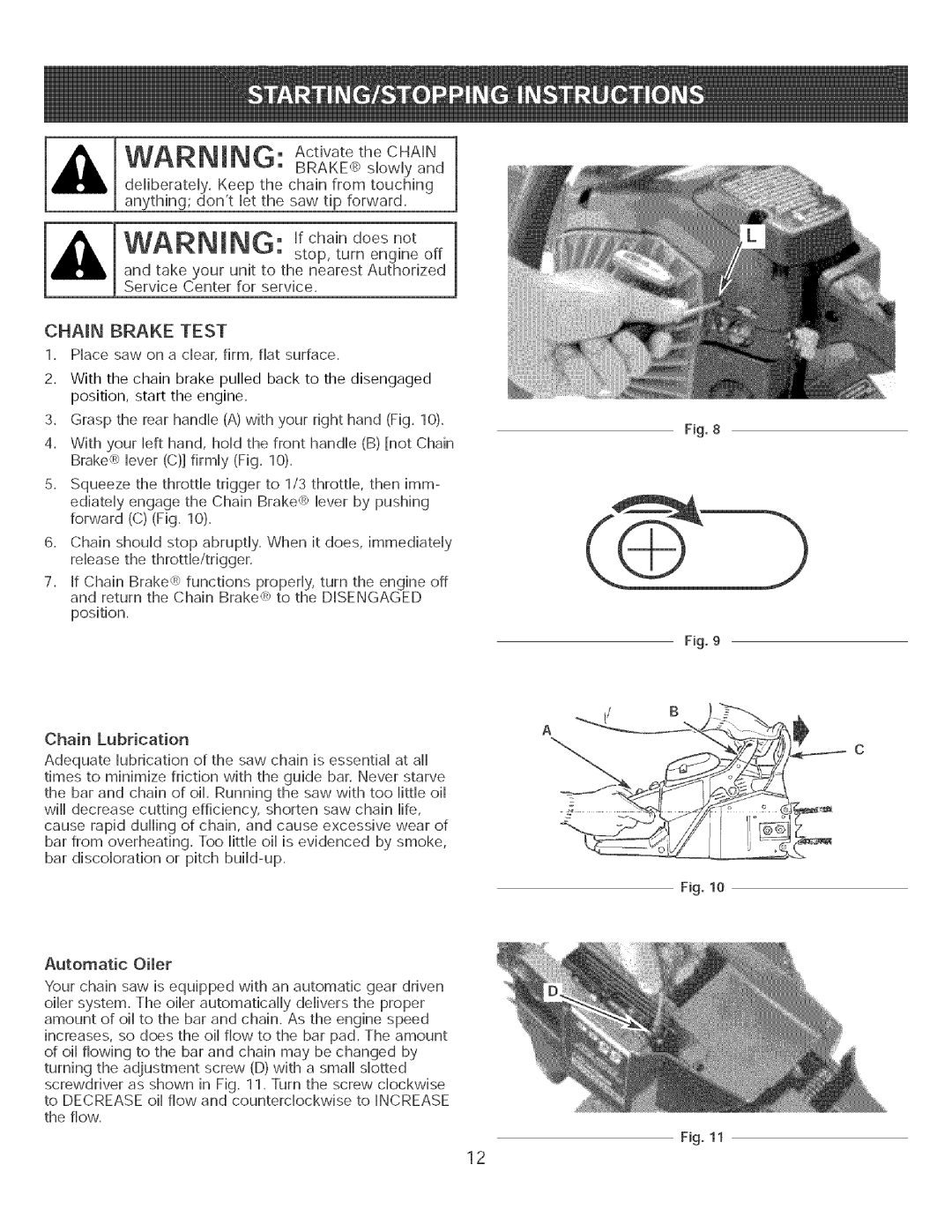 Craftsman 316.35084 manual WARNmNG, Chain Brake Test 