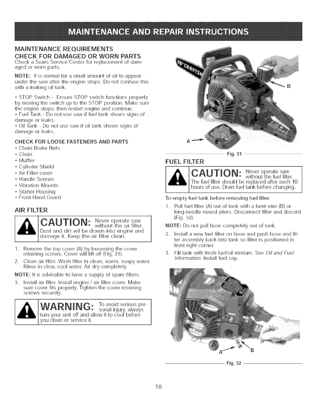 Craftsman 316.35084 manual AiR FILTER, Fuel Filter 