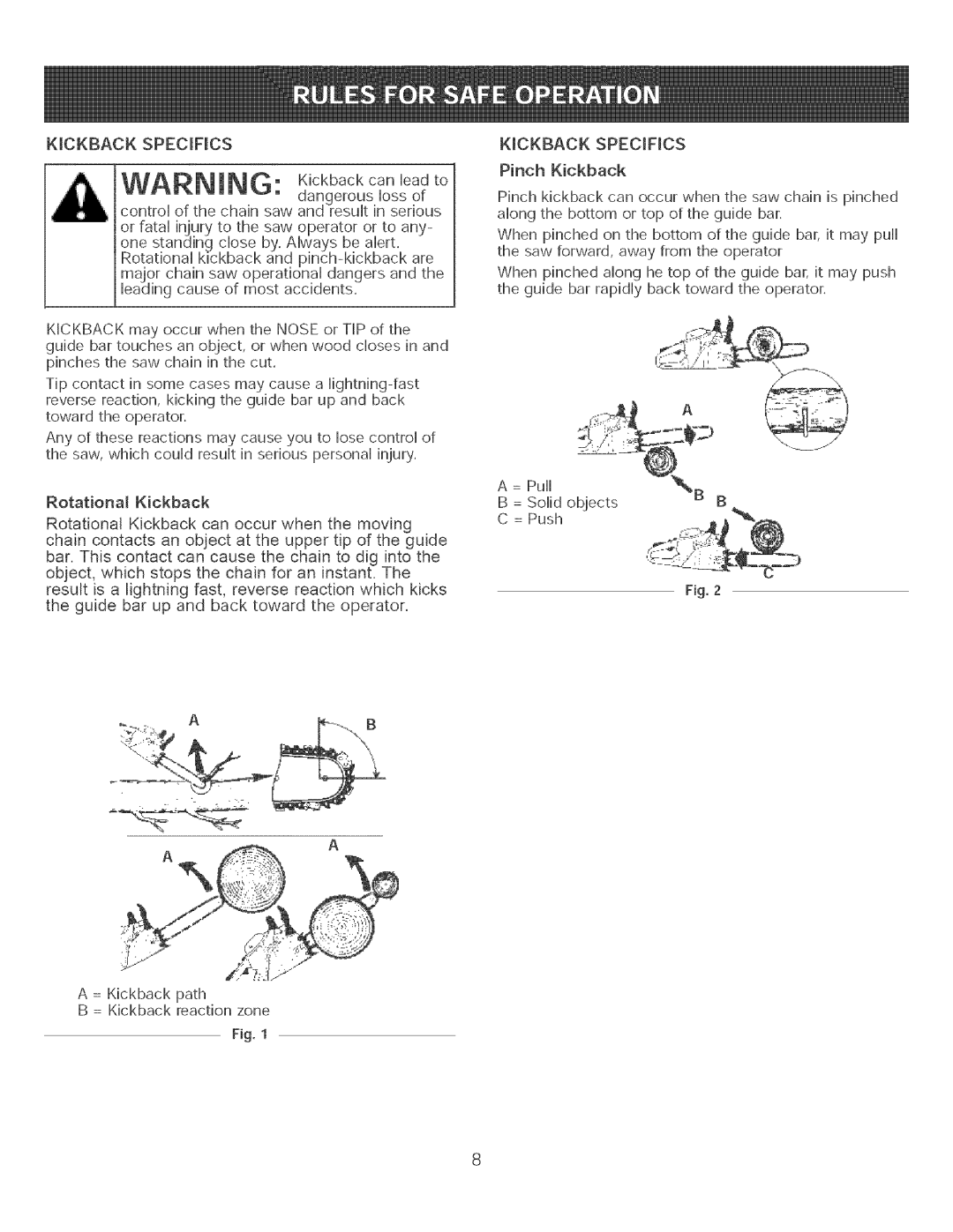 Craftsman 316.35084 manual KICKBACKSPECiFiCS, WARNING: K okbaokoanheadto 