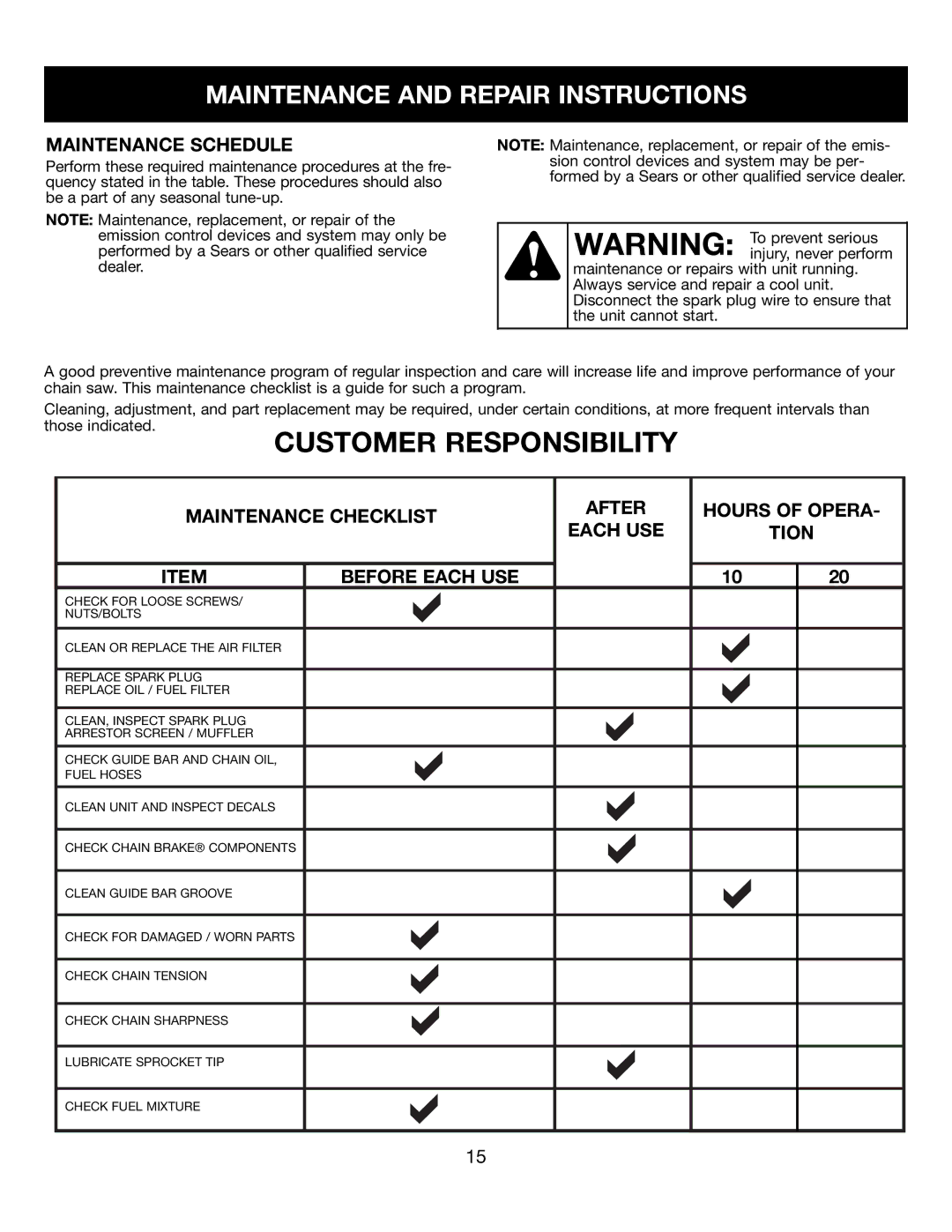 Craftsman 316350840 manual Maintenance and Repair Instructions 