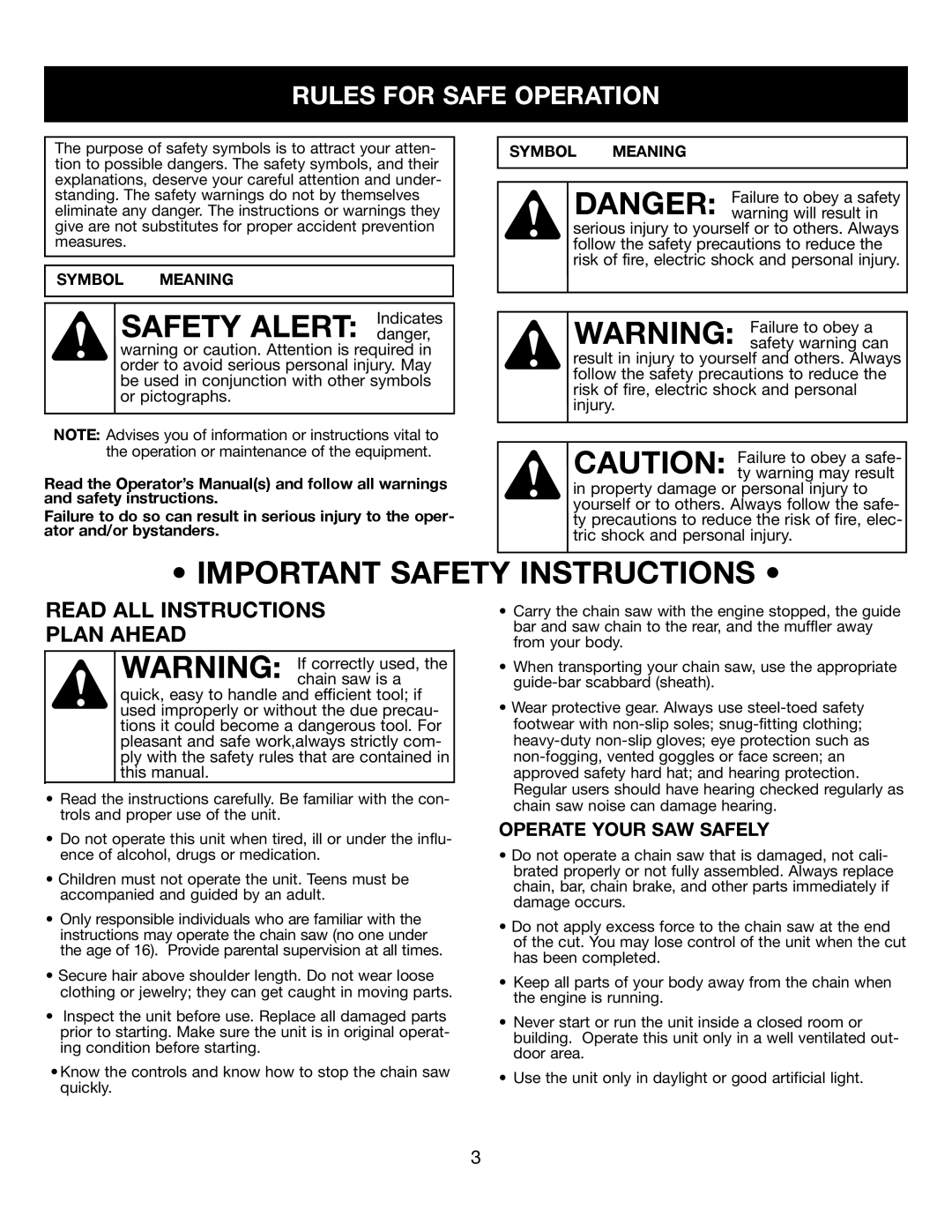 Craftsman 316350840 manual Rules for Safe Operation, Operate Your SAW Safely, Symbol Meaning 