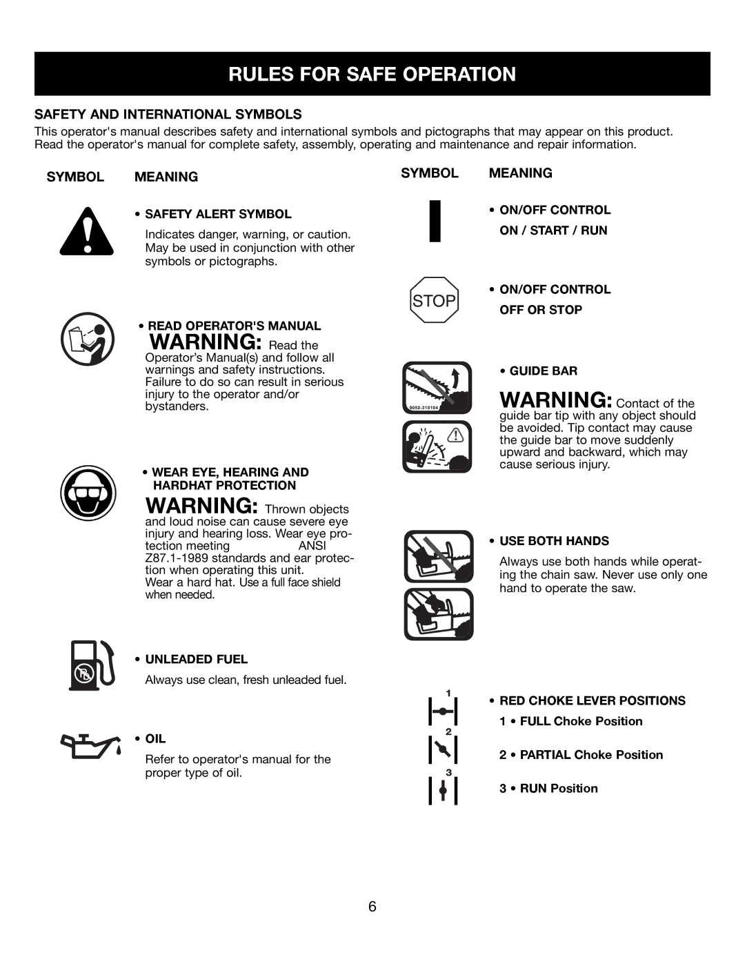 Craftsman 316350840 Safety Alert Symbol, Read Operators Manual, Wear EYE, Hearing and Hardhat Protection, Unleaded Fuel 