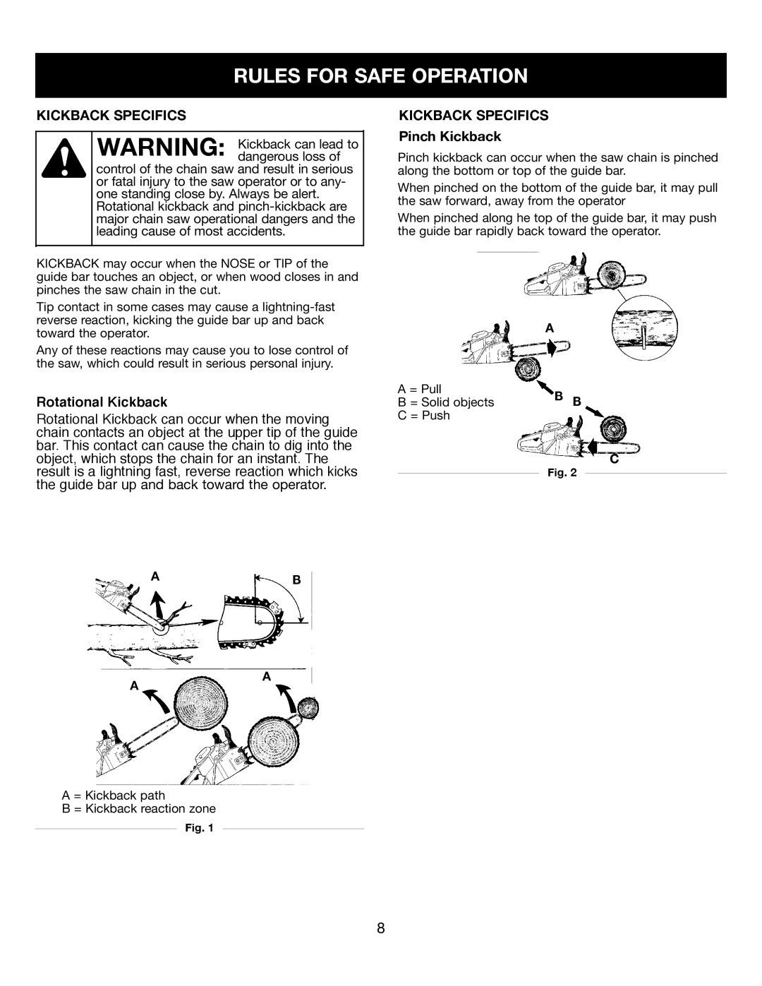 Craftsman 316350840 manual Kickback Specifics, Pinch Kickback 