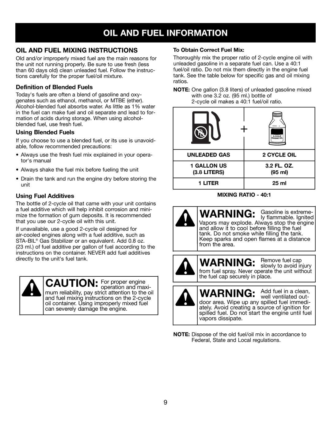 Craftsman 316350840 manual OIL and Fuel Information, OIL and Fuel Mixing Instructions, Definition of Blended Fuels 