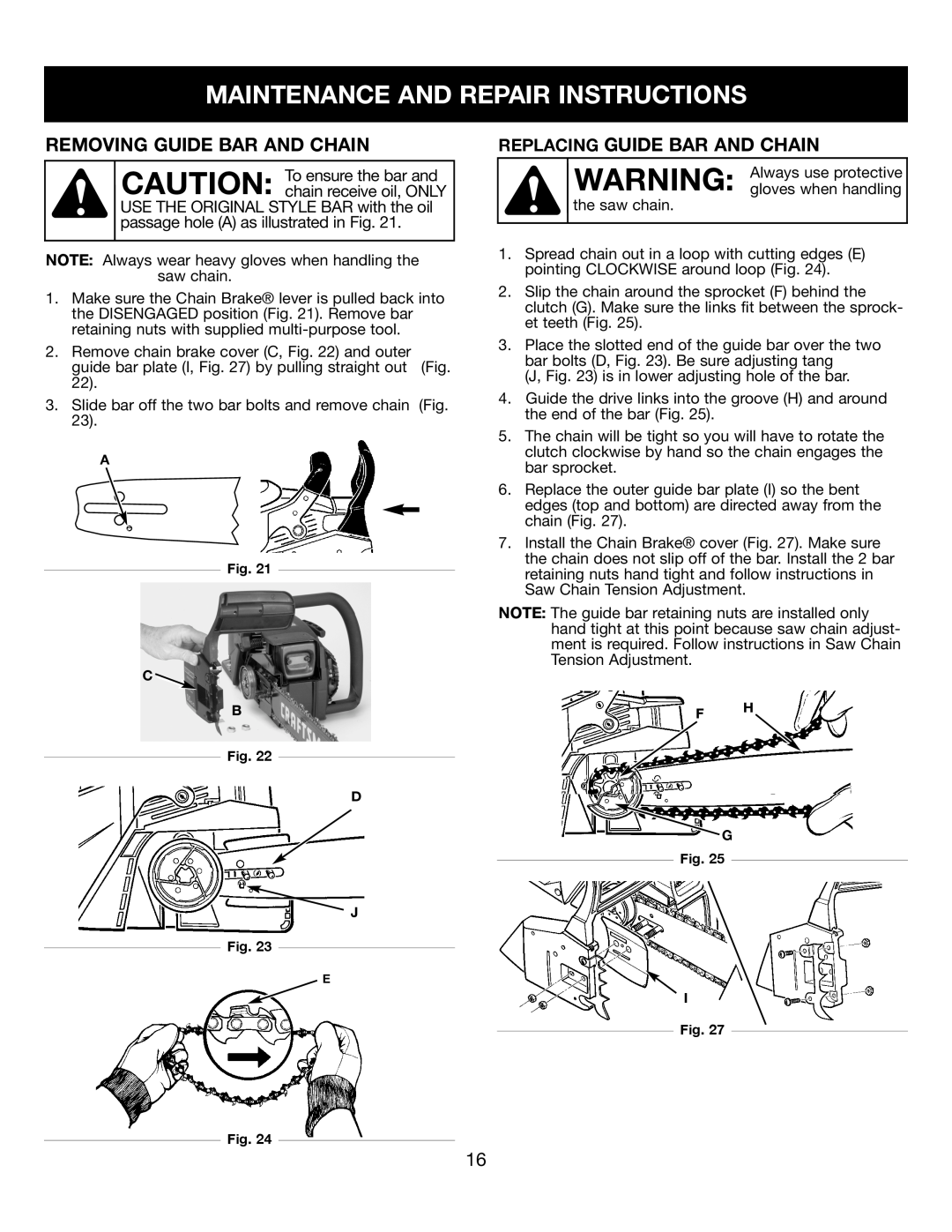 Craftsman 316350840 manual Maintenance And Repair Instructions, Removing Guide Bar And Chain, Replacing Guide Bar And Chain 