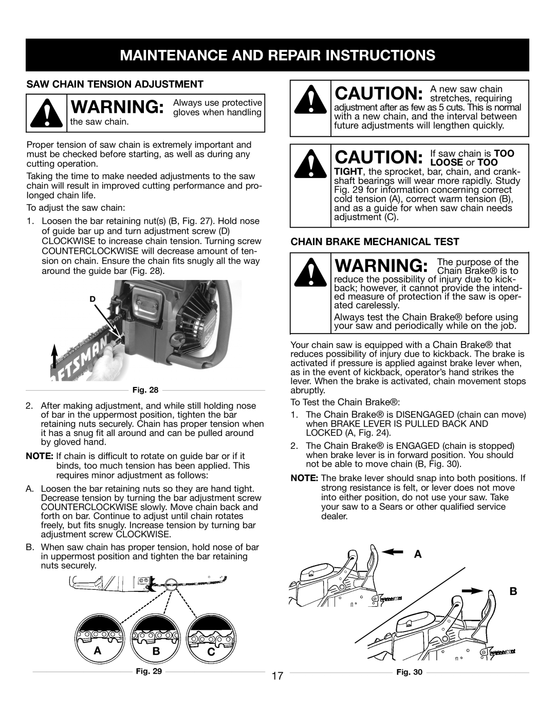 Craftsman 316350840 Maintenance And Repair Instructions, A B C, Saw Chain Tension Adjustment, Chain Brake Mechanical Test 