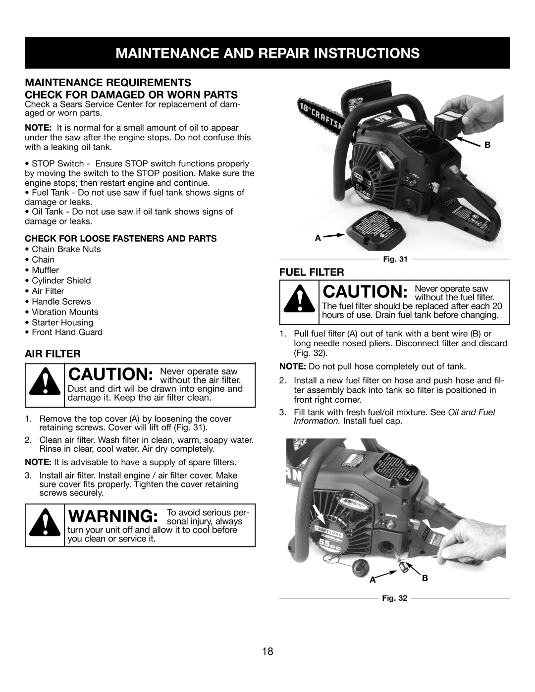 Craftsman 316350840 manual Maintenance And Repair Instructions, Maintenance Requirements, Check For Damaged Or Worn Parts 