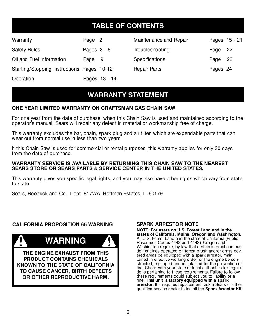 Craftsman 316350840 manual Table Of Contents, Warranty Statement, CALIFORNIA PROPOSITION 65 WARNING, Spark Arrestor Note 