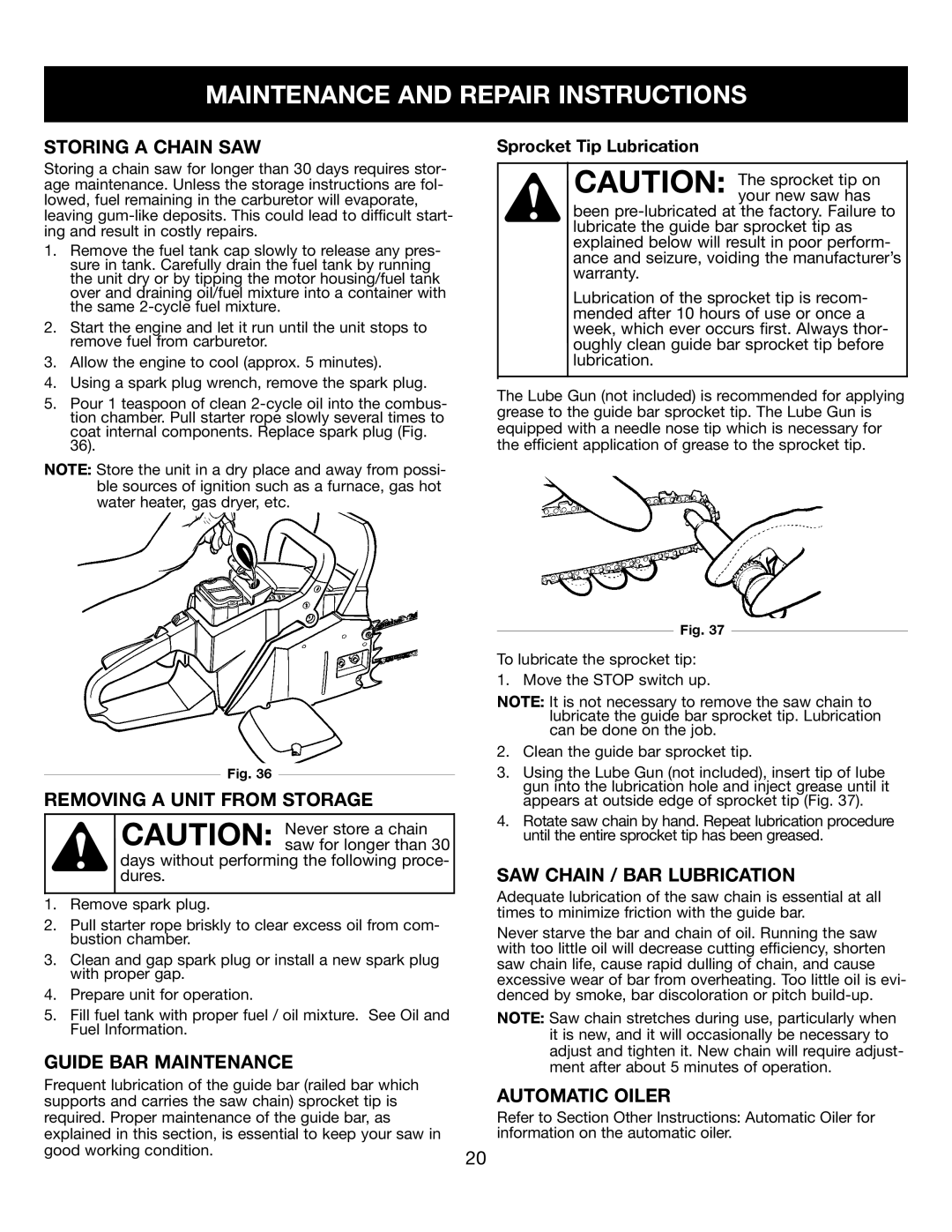 Craftsman 316350840 manual Maintenance And Repair Instructions, Storing A Chain Saw, Removing A Unit From Storage 