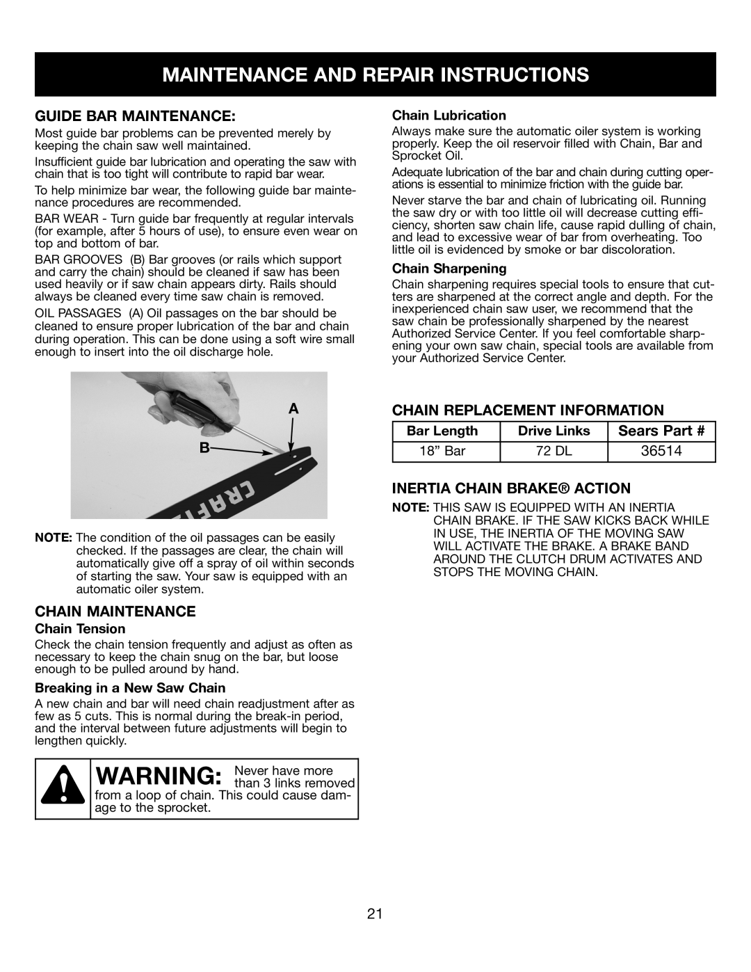 Craftsman 316350840 Maintenance And Repair Instructions, Guide Bar Maintenance, Chain Maintenance, Sears, 18” Bar, 72 DL 