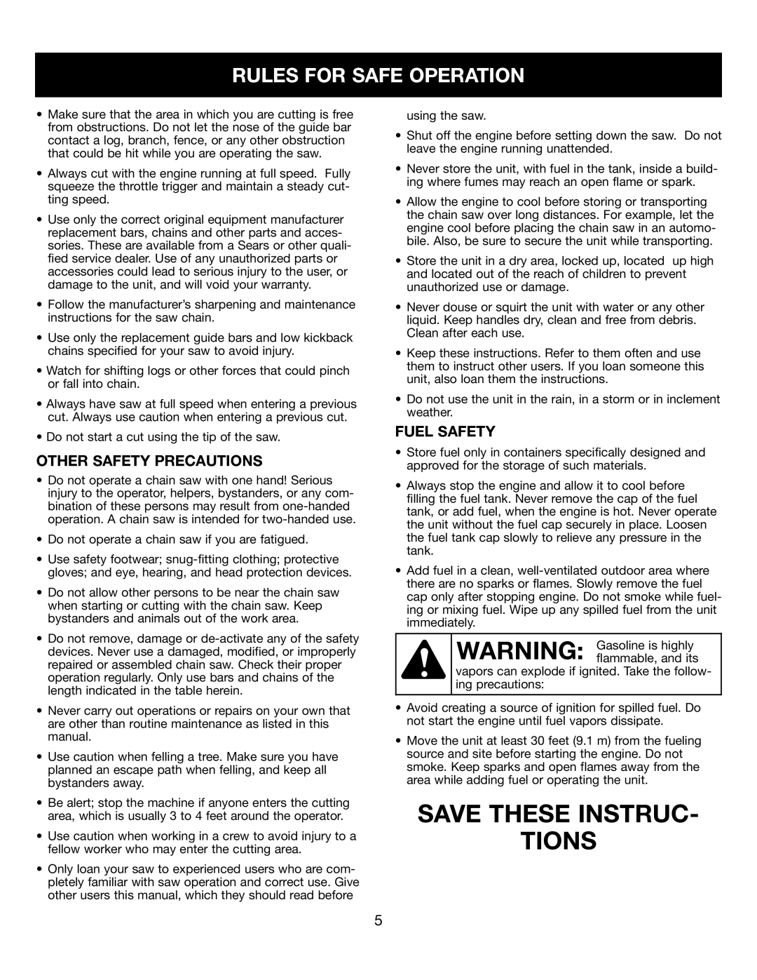 Craftsman 316350840 manual Save These Instruc Tions, Rules For Safe Operation, Other Safety Precautions, Fuel Safety 