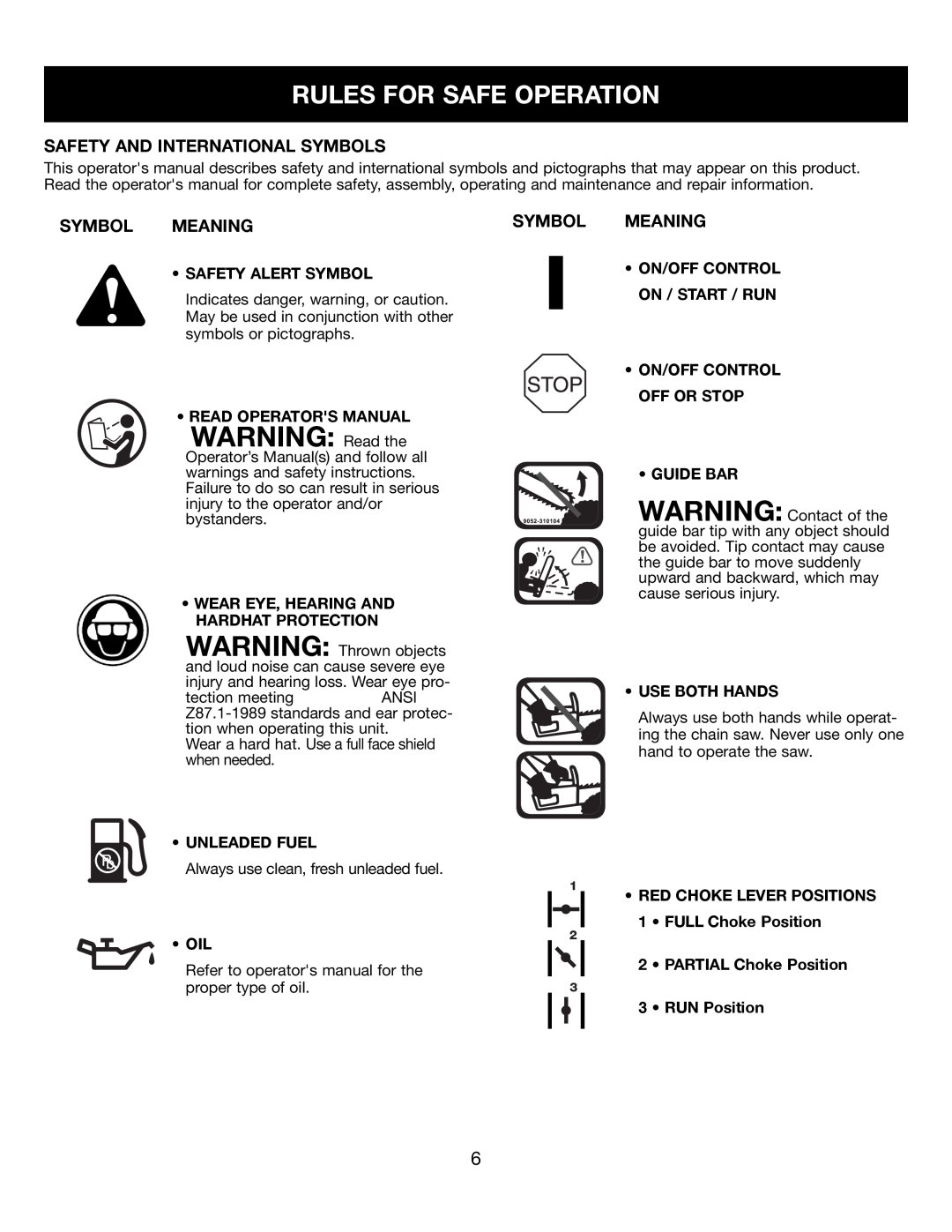 Craftsman 316350840 manual WARNING Read the, Rules For Safe Operation, Safety And International Symbols, Symbol Meaning 