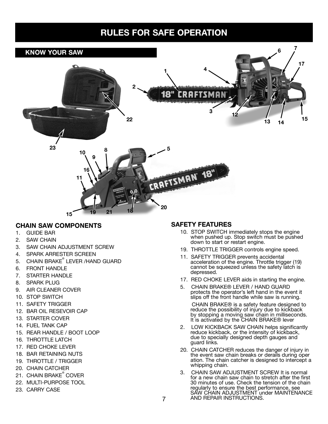 Craftsman 316350840 manual Rules For Safe Operation, Know Your Saw, Chain Saw Components, Safety Features 