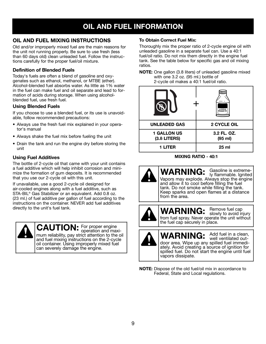 Craftsman 316350840 manual Oil And Fuel Information, Oil And Fuel Mixing Instructions 