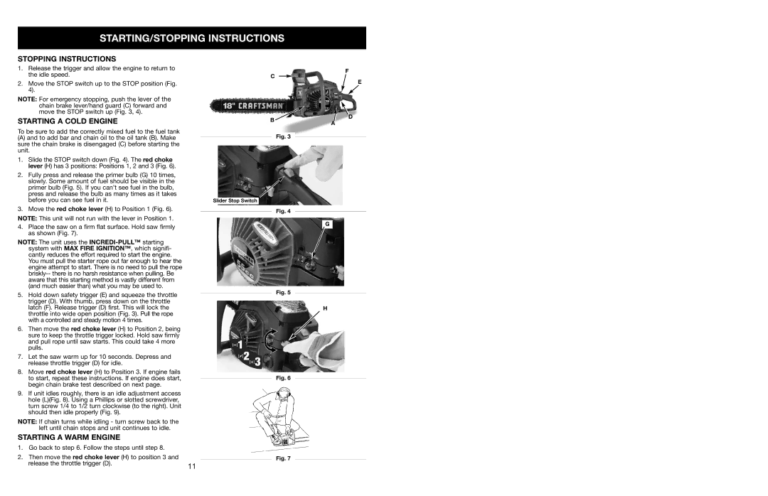 Craftsman 316.350850 warranty Stopping Instructions, Starting a Cold Engine, Starting a Warm Engine 