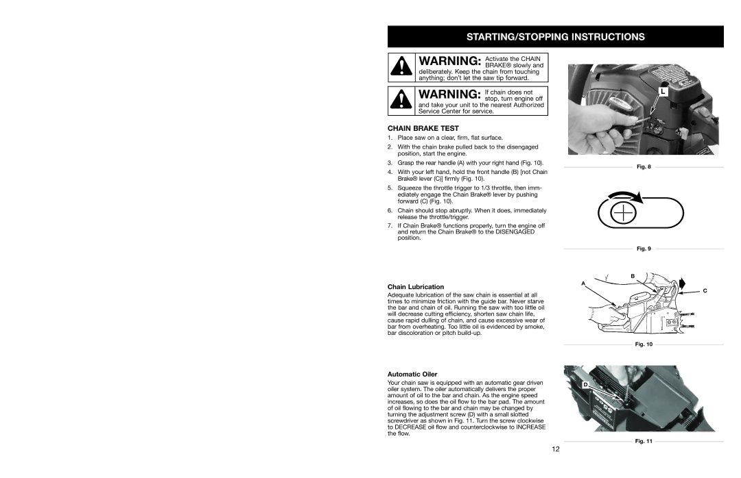 Craftsman 316.350850 warranty Chain Brake Test, Chain Lubrication, Automatic Oiler 