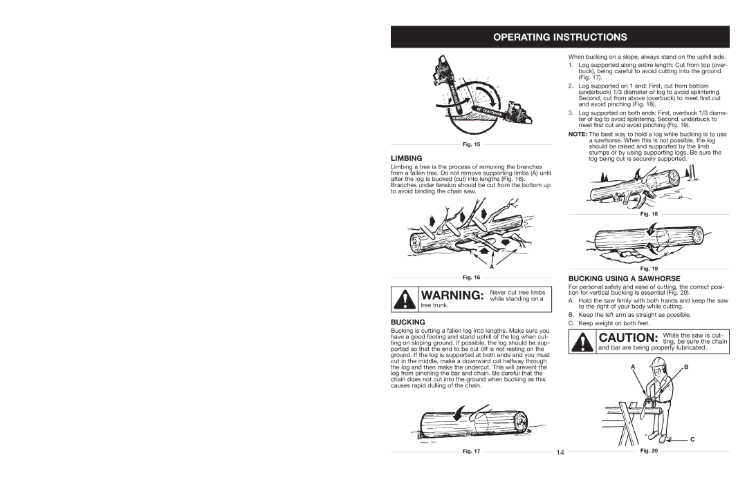 Craftsman 316.350850 warranty Limbing, Bucking Using a Sawhorse 