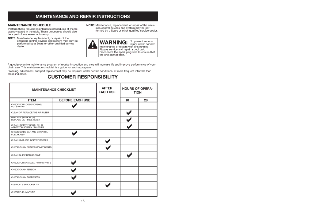 Craftsman 316.350850 warranty Maintenance and Repair Instructions 