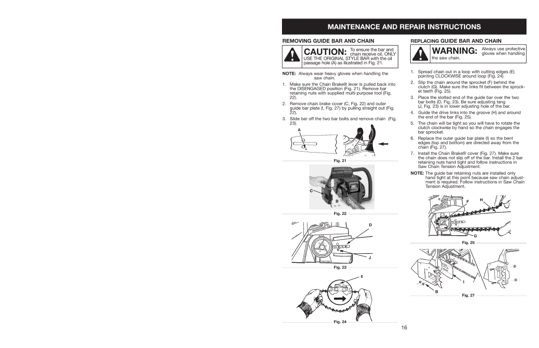 Craftsman 316.350850 warranty Removing Guide BAR and Chain, Replacing Guide BAR and Chain 