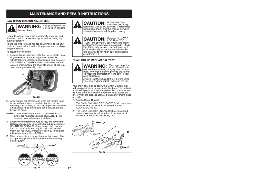 Craftsman 316.350850 warranty SAW Chain Tension Adjustment, Chain Brake Mechanical Test 