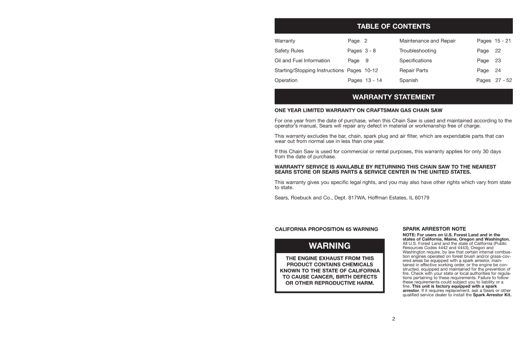 Craftsman 316.350850 warranty Table of Contents, Warranty Statement 