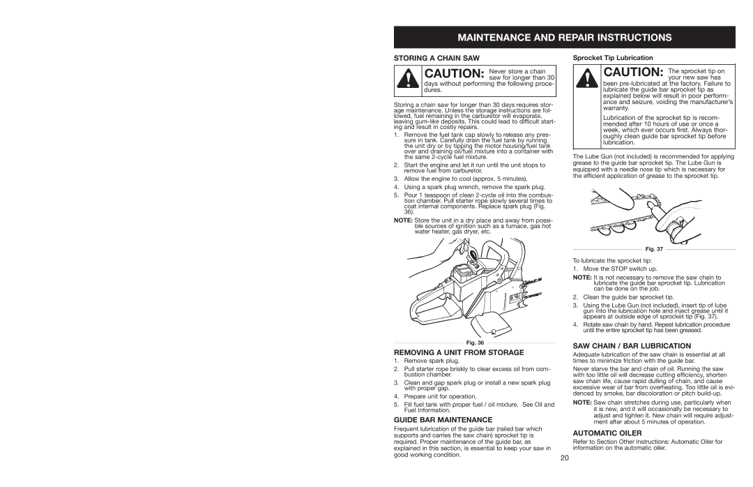 Craftsman 316.350850 Storing a Chain SAW, Removing a Unit from Storage, Guide BAR Maintenance, SAW Chain / BAR Lubrication 