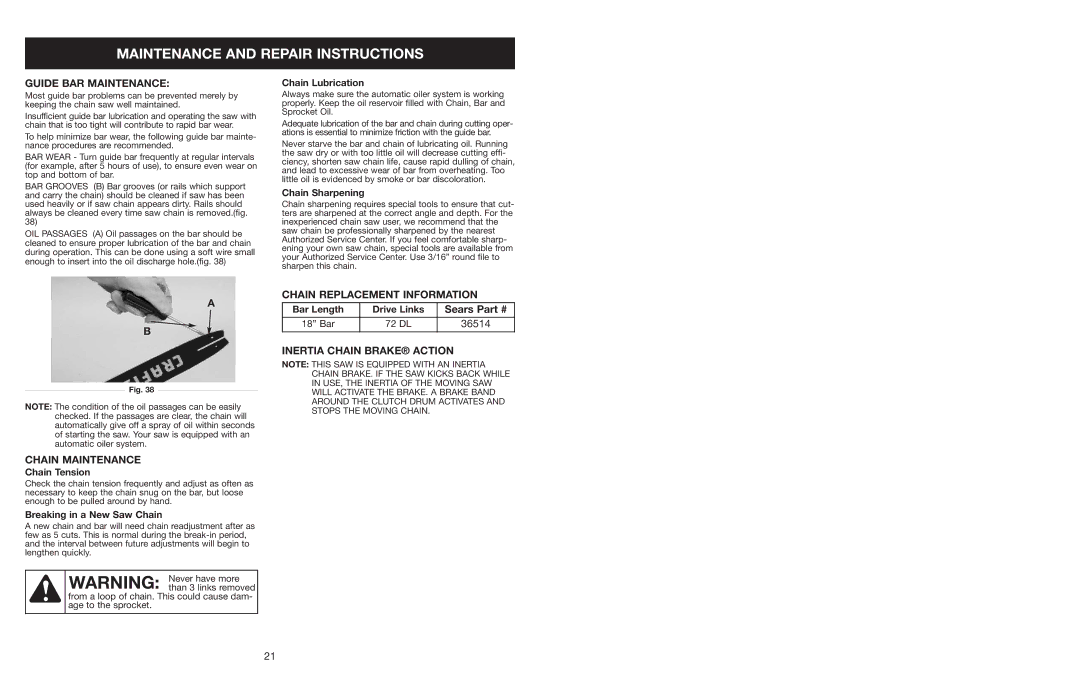 Craftsman 316.350850 warranty Chain Maintenance, Chain Replacement Information, Inertia Chain Brake Action 