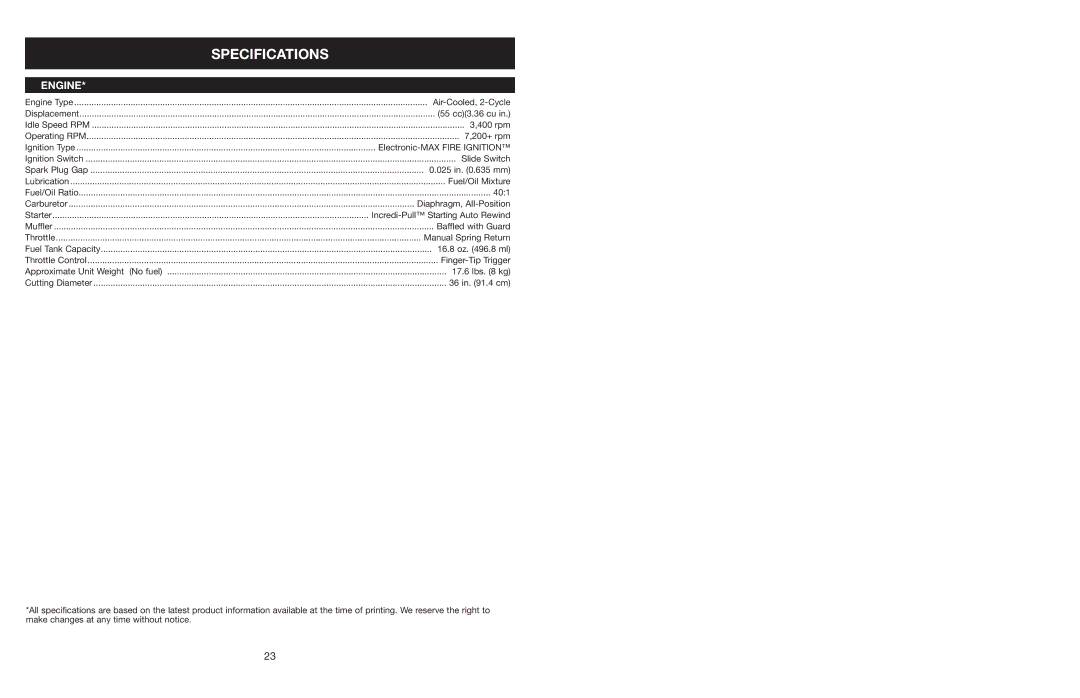 Craftsman 316.350850 warranty Specifications, Engine 