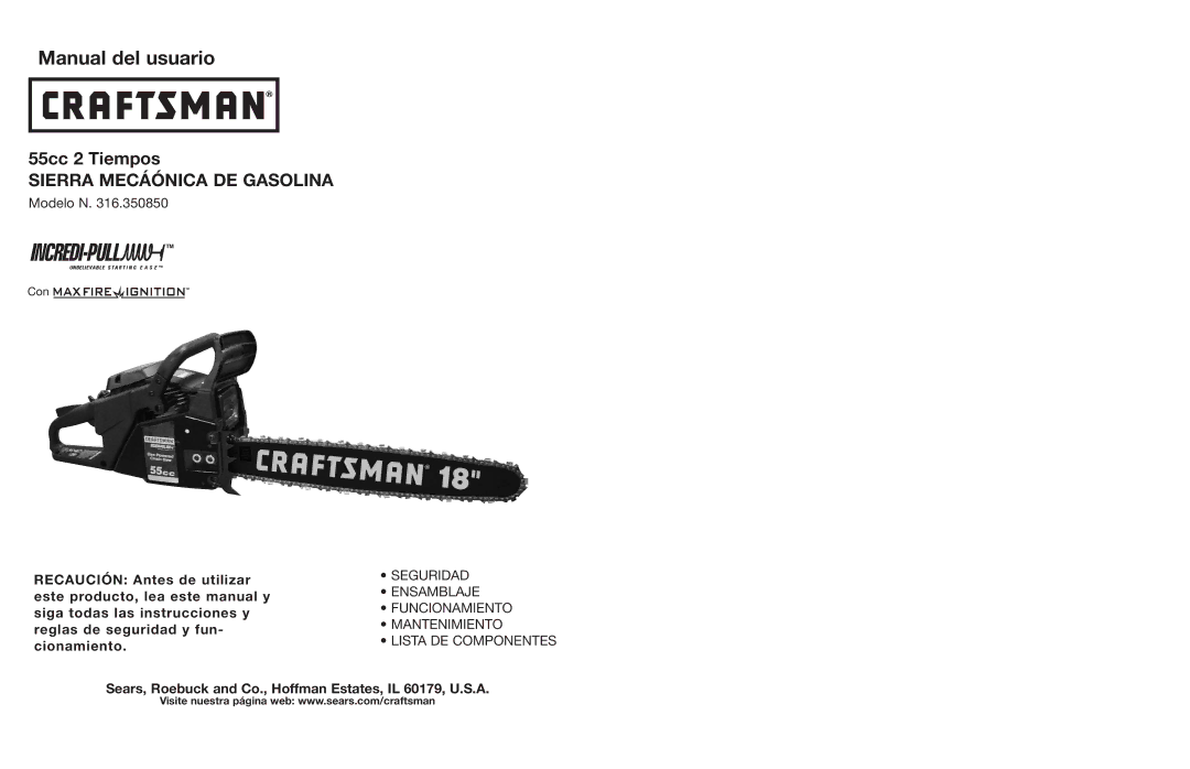 Craftsman 316.350850 warranty Manual del usuario, 55cc 2 Tiempos 