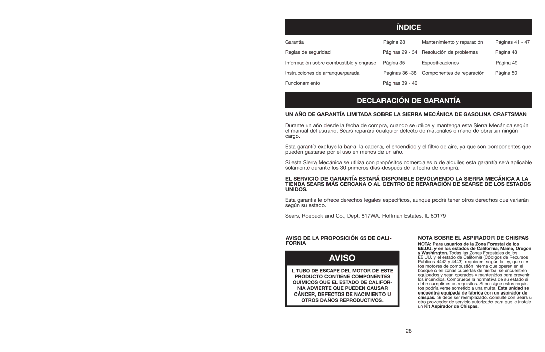 Craftsman 316.350850 warranty Índice, Declaración DE Garantía, Aviso DE LA Proposición 65 DE CALI- Fornia 