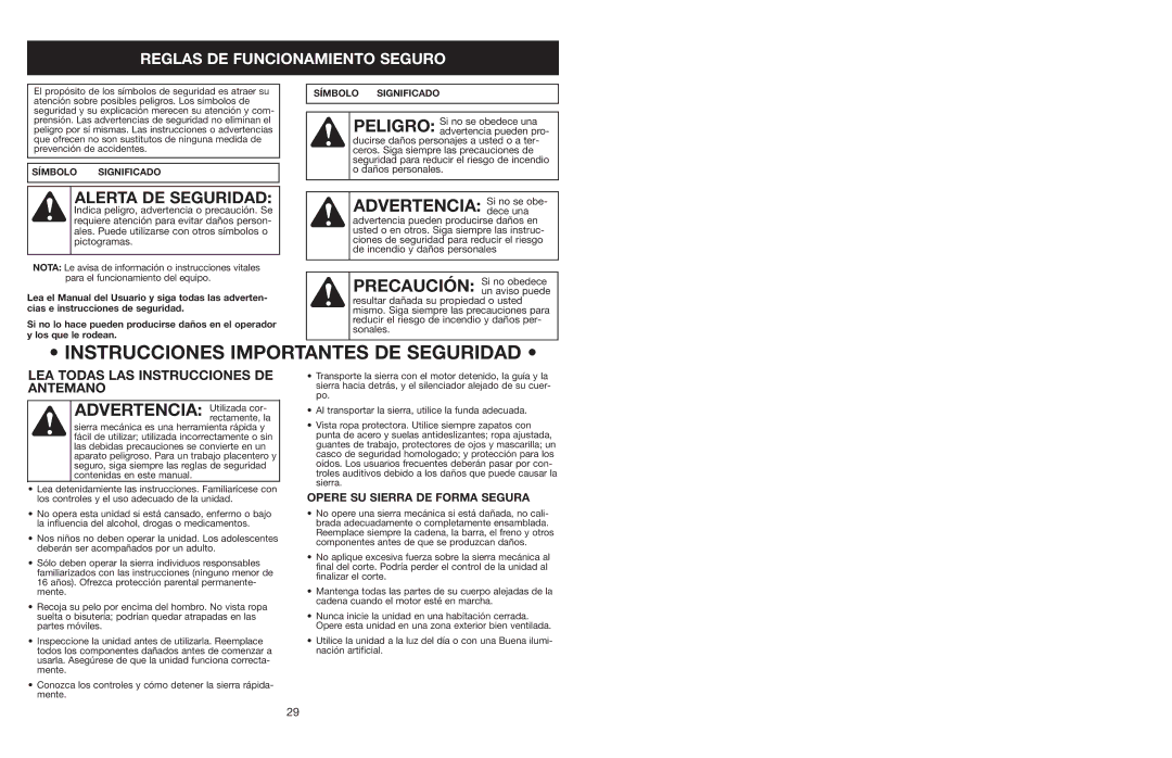 Craftsman 316.350850 warranty Advertencia Si no se obe, Precaución Si no obedece, Reglas DE Funcionamiento Seguro 