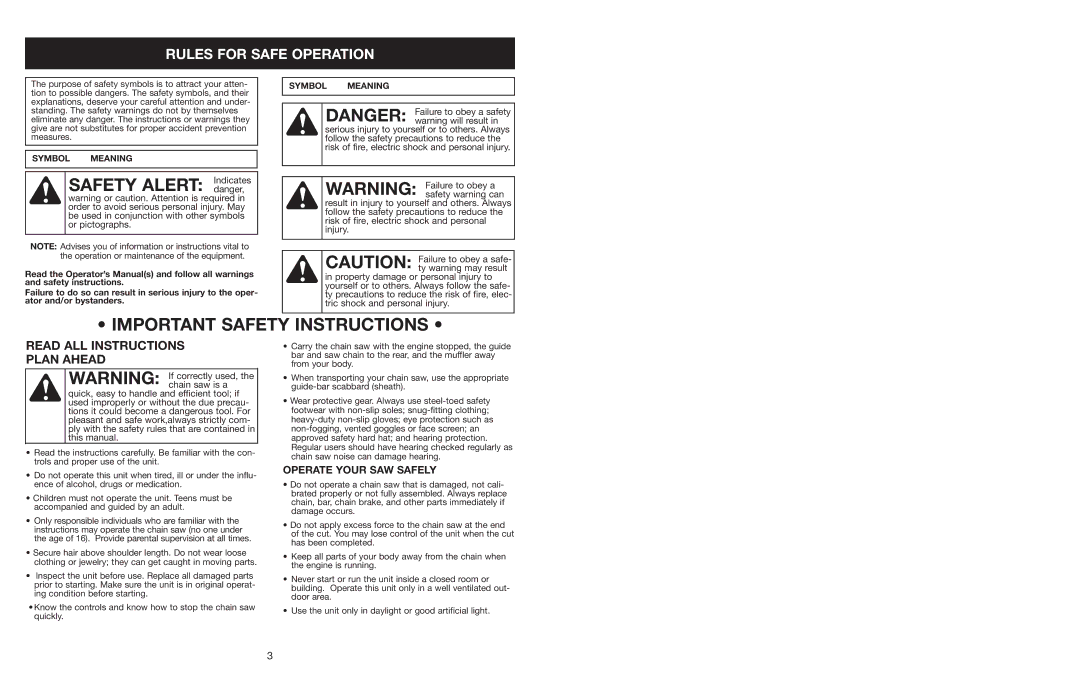 Craftsman 316.350850 warranty Rules for Safe Operation, Operate Your SAW Safely, Symbol Meaning 