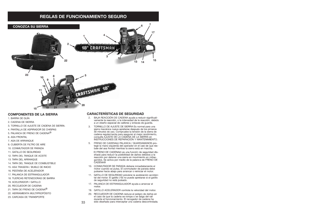 Craftsman 316.350850 warranty Componentes DE LA Sierra, Características DE Seguridad 