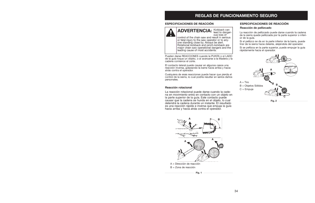 Craftsman 316.350850 warranty Advertencia Kickback can, Especificaciones DE Reacción, Reacción de pellizcado 