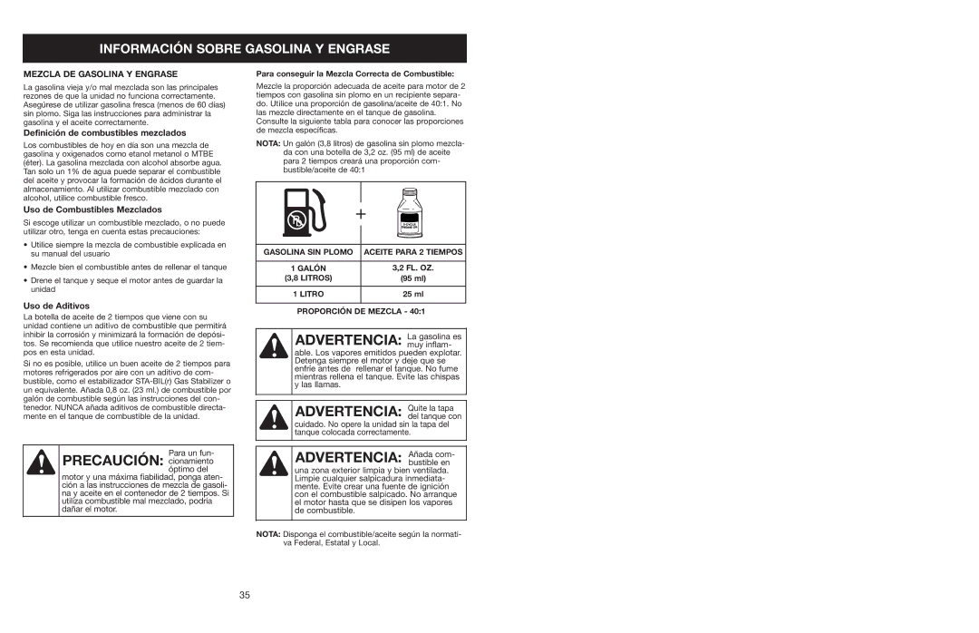 Craftsman 316.350850 Precaución cionamiento, Advertencia La gasolina es, Advertencia Quite la tapa, Advertencia Añada com 