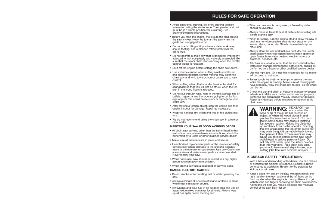 Craftsman 316.350850 Kickback Safety Precautions, Maintain Your SAW in Good Working Order, Handle Fuel with Caution 