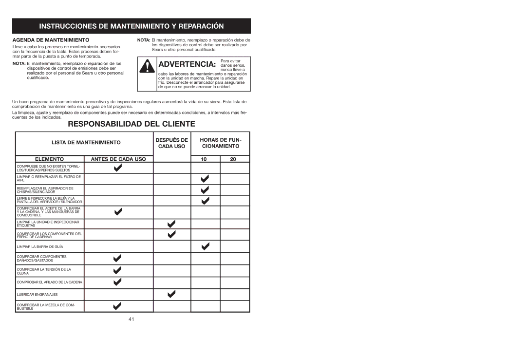 Craftsman 316.350850 warranty Advertencia daños serios, Instrucciones DE Mantenimiento Y Reparación 