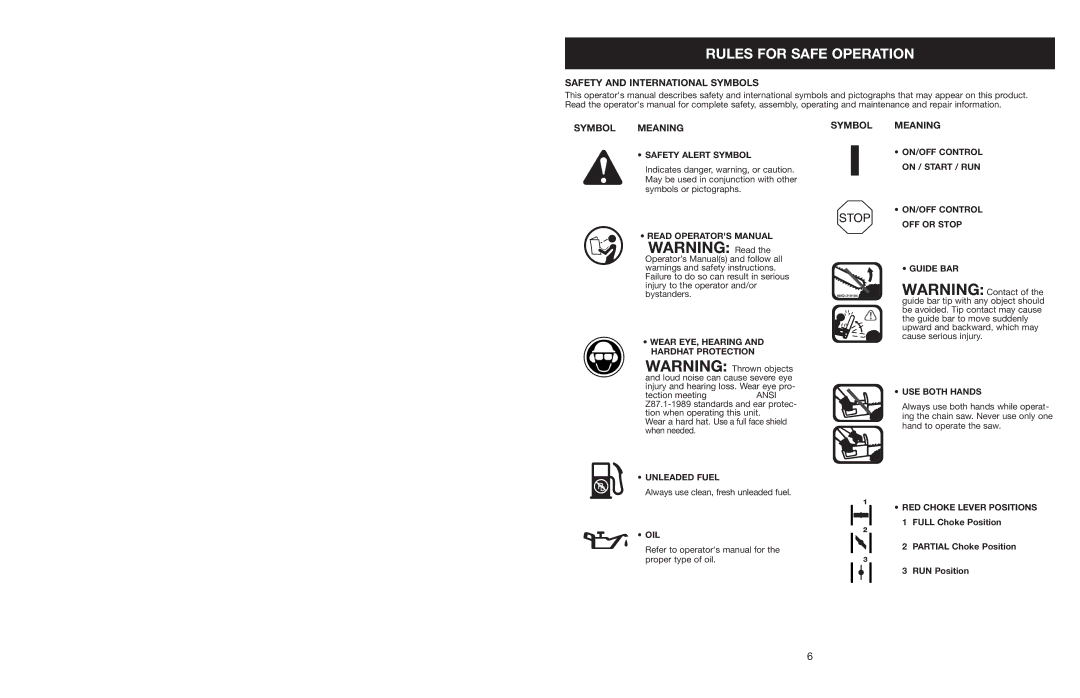 Craftsman 316.350850 warranty Safety and International Symbols, Symbol Meaning 